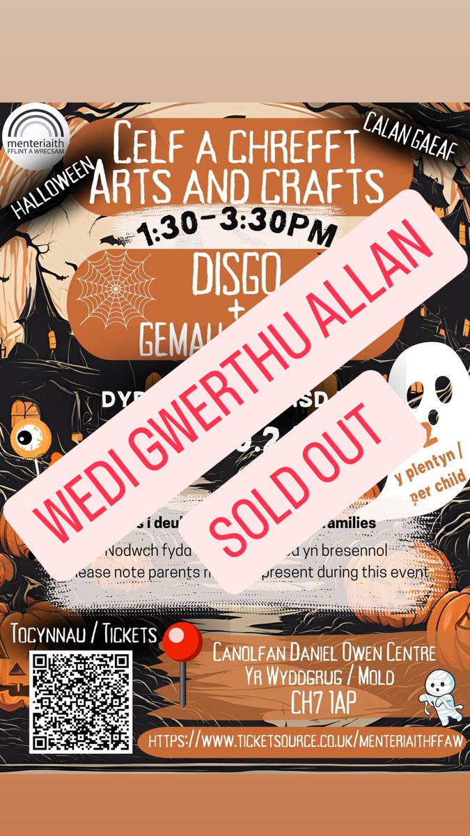 🎃Calan Gaeaf Hapus! / Happy Halloween!👻

☠️Mae ein parti Calan Gaeaf heddiw WEDI GWERTHU ALLAN / Our Halloween party today IS SOLD OUT🐈‍⬛

❗️*Nodwch bydd tocynnau ddim ar gael ar y drws.
❗️*Please note tickets will not be available on the door.