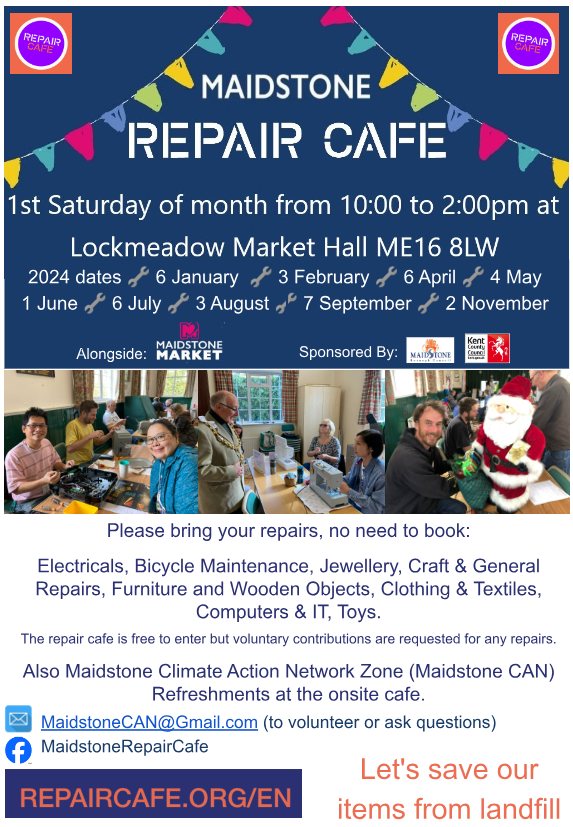 Market &amp; Boot Fair on this Saturday 7:30am to 1:00pm. In addition we have our last Repair Cafe (10:00am to 2:00pm) of the year in the Market Hall (ME16 8LW). Why not do both? Bring in your broken household (no white goods) items to be mended and shop on the market.