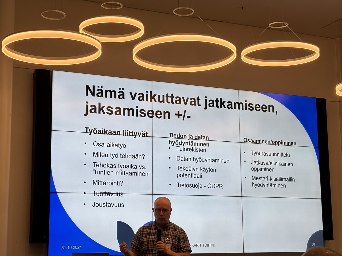 Selvityshenkilö ⁦<a href="/JariLindstrm2/">Jari Lindström 🇫🇮 🇺🇦</a>⁩ kertoo sidosryhmille ehdotuksistaan yli 55-vuotiaiden työllistymisen parantamiseksi.”Esim. Ekonomiliiton ja Insinööriliiton selvitysten mukaan vaikutusmahdollisuudet työn tekemiseen keskeistä työuran jatkamisen kannalta”. #työaikajoustot