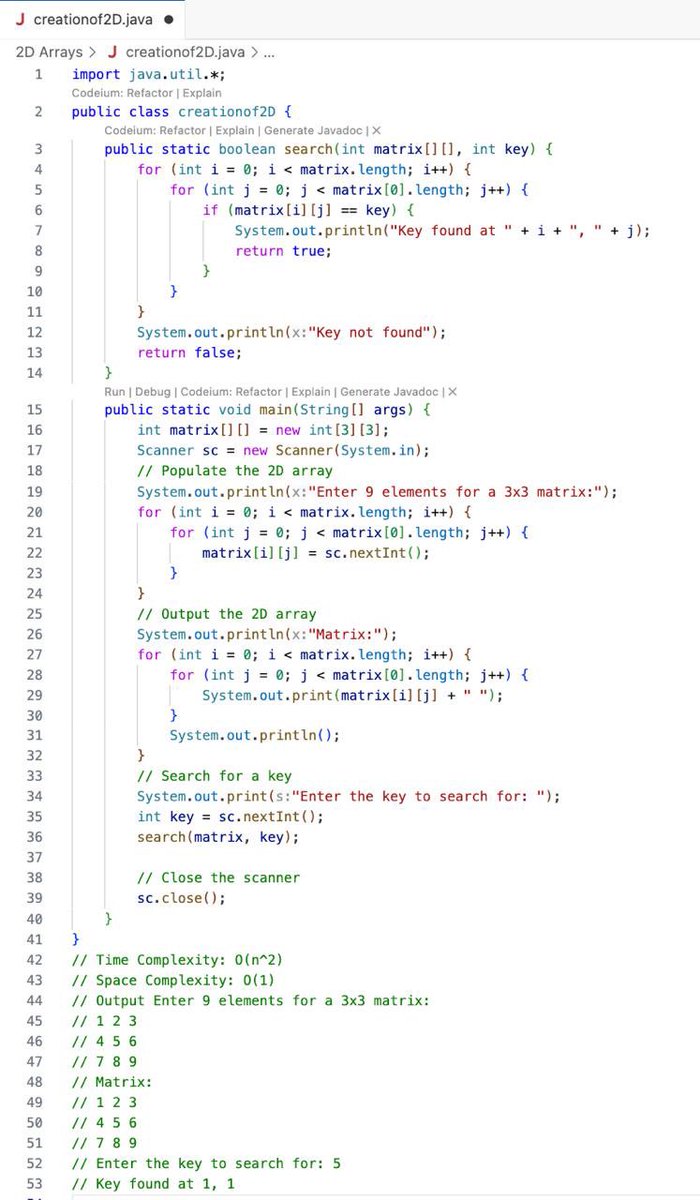 🚀 Created a 2D Array in Java with a key search feature! Input values, display the matrix, and locate any key within its rows and columns. Perfect intro to multidimensional data! #Java #2DArrays #Programming #CodeNewbie #100DaysOfCode