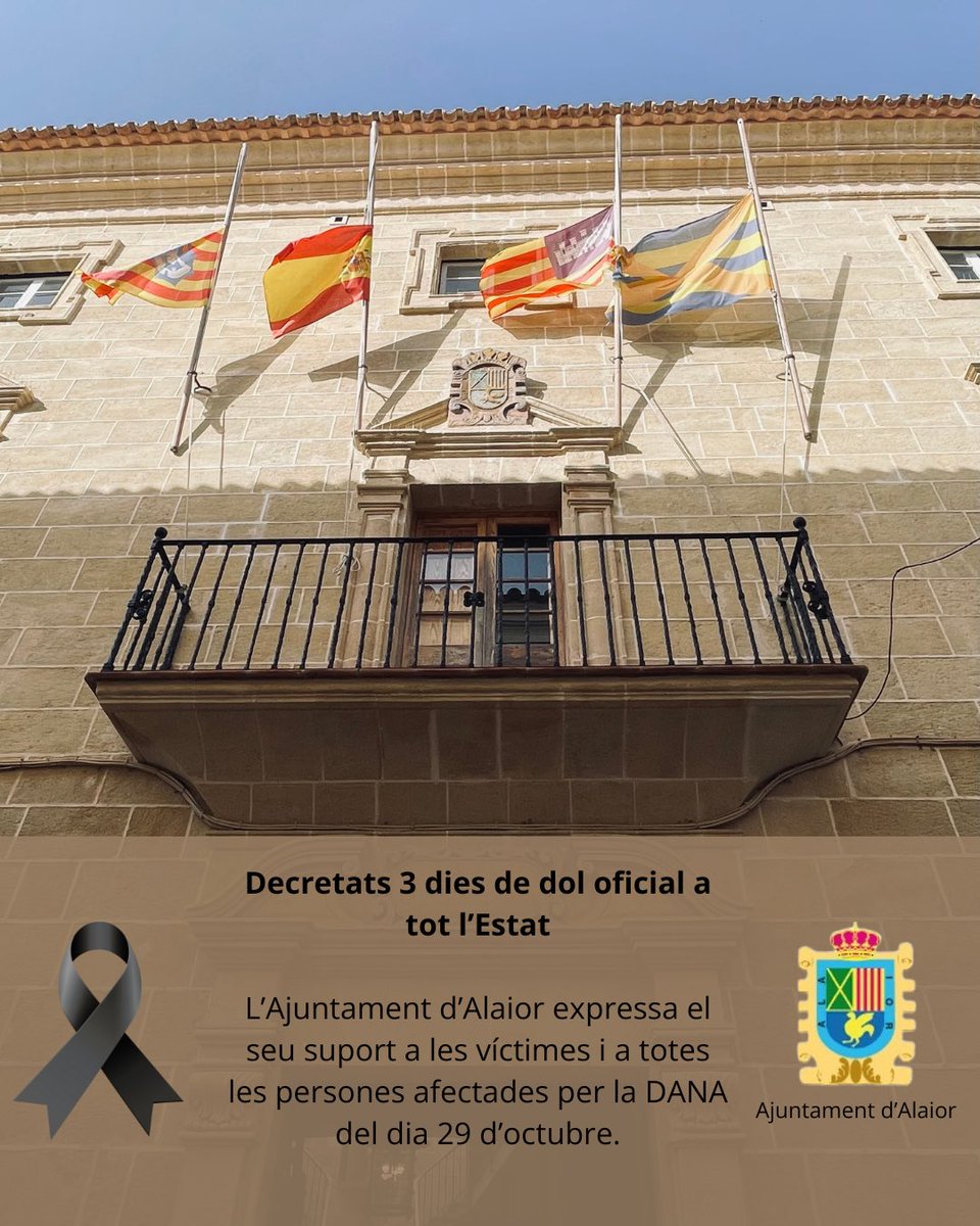 Després de la recent i tràgica DANA, el Govern d'Espanya ha decretat 3 dies de DOL OFICIAL a tot l'Estat, per avui, dijous, demà, divendres, i passat demà, dissabte. Per aquest motiu, queden suspeses totes les activitats programades per l'Ajuntament al llarg d'aquests tres dies.
