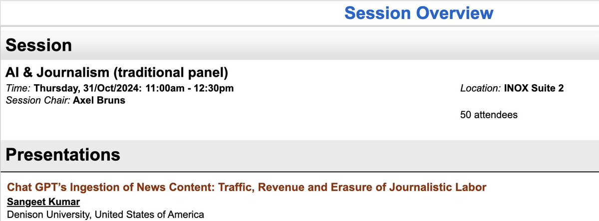 Looking forward to presenting on #ChatGPT &amp; News at #AOIR2024  in the panel "AI &amp; Journalism". Starting shortly. <a href="/snurb_dot_info/">Axel Bruns</a>