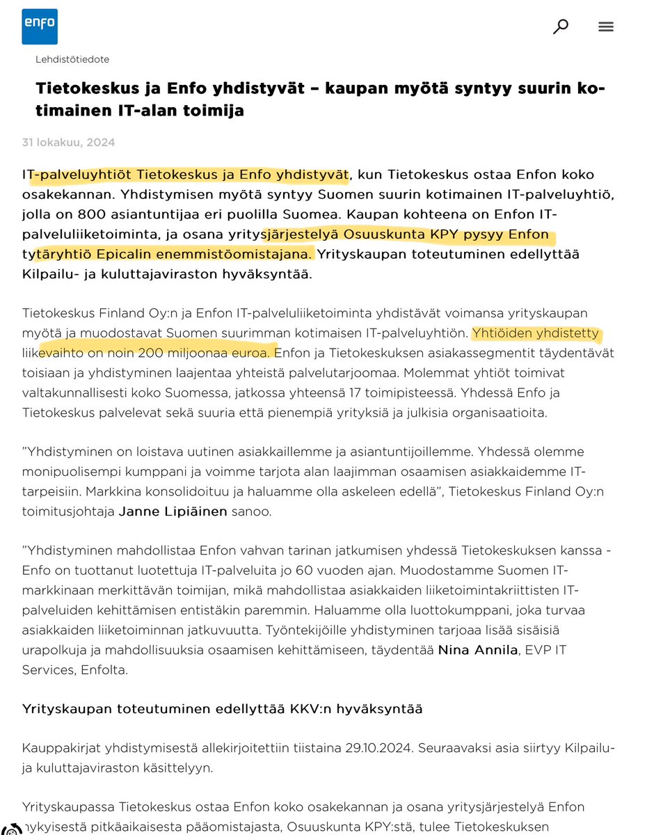 zijoittaja's tweet photo. Täällä puhhuu lentokapteeni Hujanen…Kuoppijon Ossuuskunta #KPY omistajana vähän kiinnostelee tämä fuusio.
#Enfo ja #Tietokeskus yhdistyvät. Ihan kohtuu kokoinen liikevaihdoltaan tämä vuusiovirma. https://t.co/cSuJK7xZk8