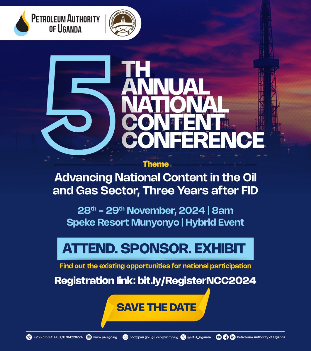 📢 Have you saved the date? Now, register to secure your spot!

The countdown to the 5th Annual National Content Conference is on. Join us from 28th - 29th November 2024 at Speke Resort Munyonyo as we explore this year’s theme: "Advancing National Content in the Oil and Gas