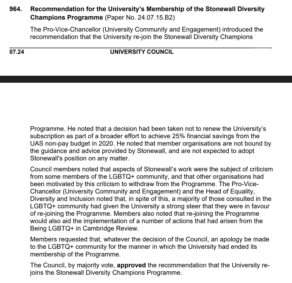 🚨 Fantastic news

Cambridge University is to REJOIN Stonewall Diversity Champions Programme!

Following a vote by members, they have also agreed to apologise to the LGBTQ+ community for the way in which they ended the previous membership.

😊 👏🏻👏🏻👏🏻😊