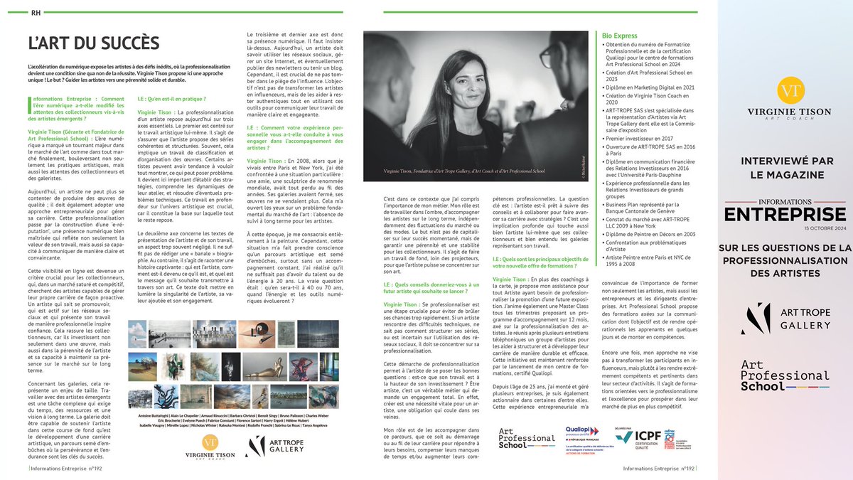 [ #Article #Presse #ArtProfessionalSchool ] 📰 🙏
Merci à Informations Entreprise pour l’interview de <a href="/VirginieTison/">Virginie Tison</a> sur la professionnalisation des Artistes
🚀 Depuis 20 ans, elle forme les Artistes à se structurer via <a href="/ArtProSchool/">ArtProfessionalSchool</a> &amp; <a href="/ArtTropeGallery/">ART TROPE GALLERY</a>
👉 info-entreprise.com/post/l-art-du-…