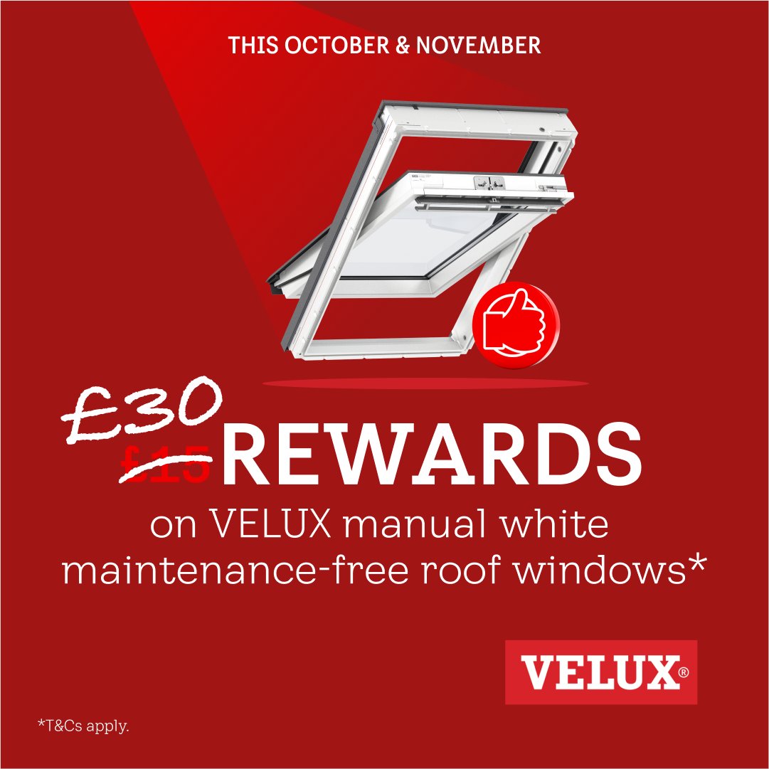 Don’t miss out! Only a few more days to earn £30 Rewards with every VELUX manual white maintenance-free sloping roof window! Claim for every purchase this October &amp; November. T&amp;C’s apply.

Claim now: velux.co.uk/rewards