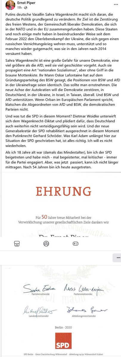 Mit dem geschätzten und klugen Kollegen Ernst Piper wirft ein weiterer anständiger Sozialdemokrat öffentlich sein Parteibuch vor die Füße von Miersch und Woidke. 
Wohin soll die Reise gehen, <a href="/spdde/">SPD Parteivorstand 🇪🇺</a> <a href="/larsklingbeil/">Lars Klingbeil 🇪🇺</a>?
Wir wollen nicht in Putinesien leben wie Schröder.