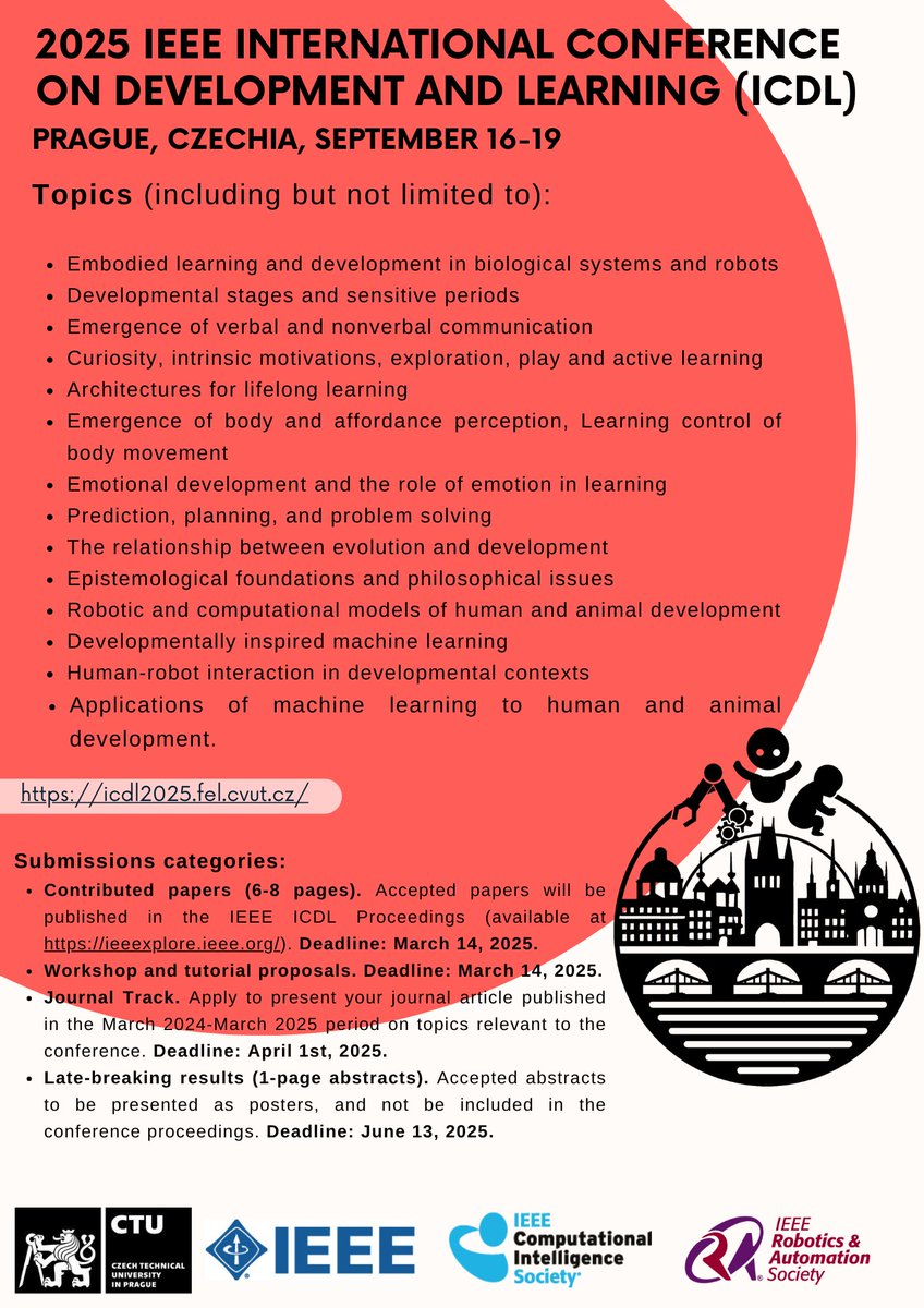IEEE ICDL (@icdl2025) on Twitter photo Updated call for papers!📨
IEEE Int. Conf. on Development and Learning #ICDL2025
<a href="/IEEEorg/">IEEE</a> <a href="/ieeecis/">IEEE Computational Intelligence Society</a> <a href="/ieeeras/">IEEE RAS</a> <a href="/cyberFEL/">Cyber FEL ČVUT</a> Updated call for papers!📨
IEEE Int. Conf. on Development and Learning #ICDL2025
<a href="/IEEEorg/">IEEE</a> <a href="/ieeecis/">IEEE Computational Intelligence Society</a> <a href="/ieeeras/">IEEE RAS</a> <a href="/cyberFEL/">Cyber FEL ČVUT</a>
