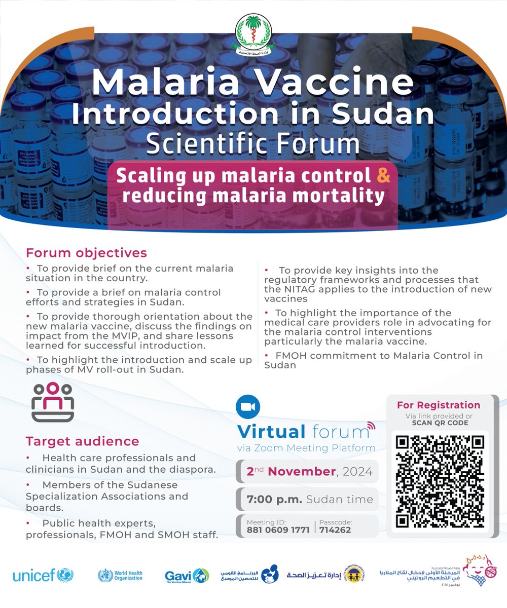whosudan's tweet photo. #Sudan will introduce #malaria #vaccine on 4 November 2024, the first country to do so in @WHOEMRO.
Ahead of the vaccine launch, a scientific forum led by the @FMOH_SUDAN  will take place on 2 November bringing together experts from the FMOH🇸🇩 &amp; @WHO. https://t.co/IO1HVLn0Pl