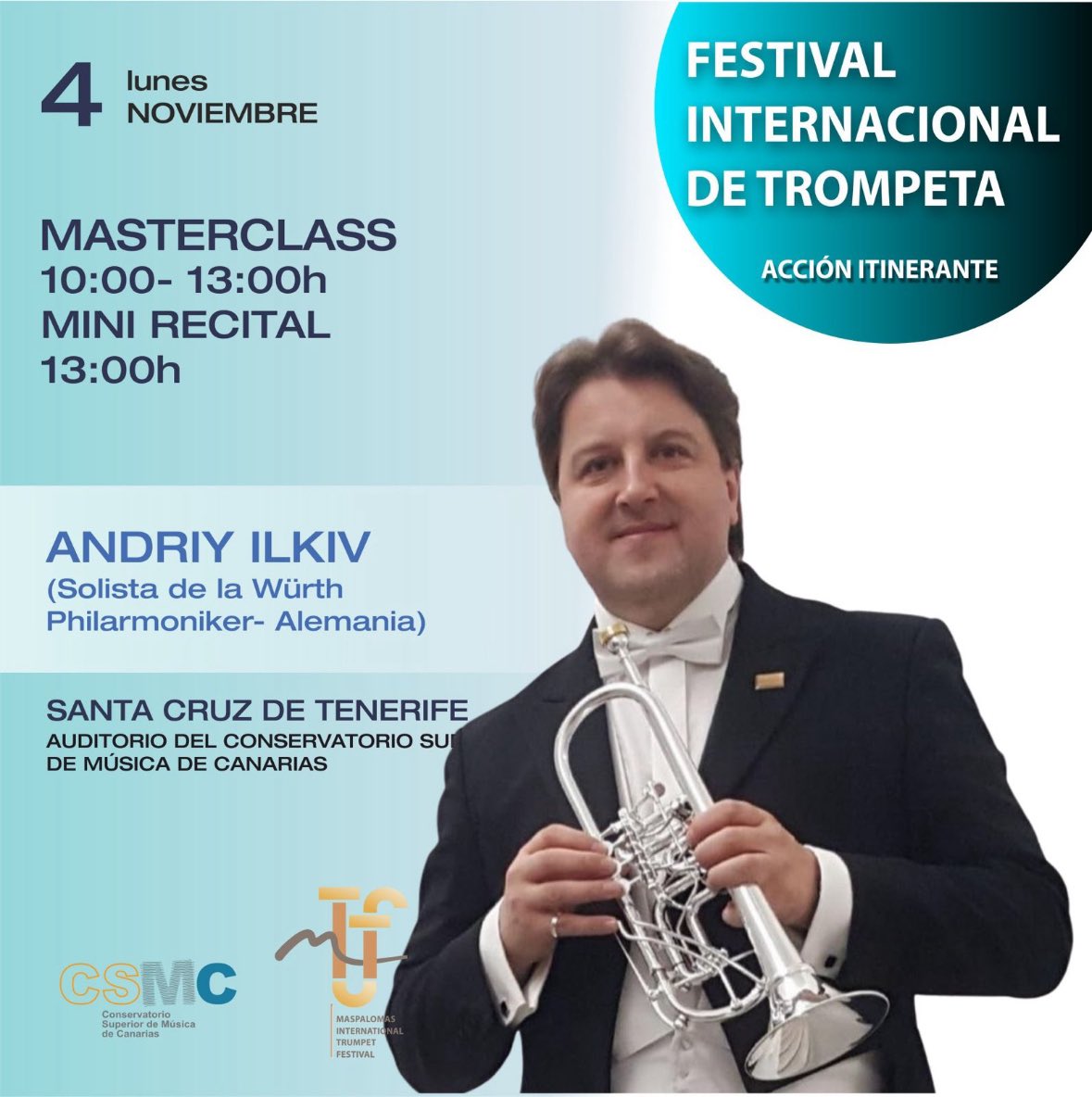 Lunes, 4 de noviembre, no olvidemos esta fecha: Andriy Ilkiv, masterclass y mini recital en el Auditorio de la sede de Tenerife del CSMC.