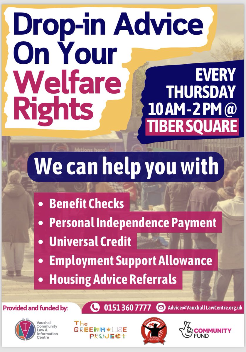 Breaking News - the Welfare Rights Advice service delivered by <a href="/VLCLiverpool/">Vauxhall Law Centre</a> that has been so popular at <a href="/HomebakedBakery/">Homebaked Bakery</a> &amp; such a help to Anfield residents will be offering another Advice Centre @TheGreenhouseL8 - Lodge Lane L8 every Thursday starting on Nov 14 #knowyourrights