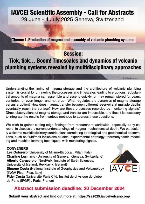 JOIN US in Geneva for the 2025 IAVCEI General Assembly for our Session aimed at exploring volcanic pre-eruptive timescales and magma
dynamics! <a href="/IAVCEI_official/">IAVCEI</a> <a href="/IAVCEI_ECRNet/">IAVCEI ECR-Net</a>  <a href="/VIPSCommission/">IAVCEI_VIPSCommission</a> <a href="/Alberto_Carac/">Alberto Caracciolo</a> @charlinator_as <a href="/OstoLea/">Lea Ostorero</a>