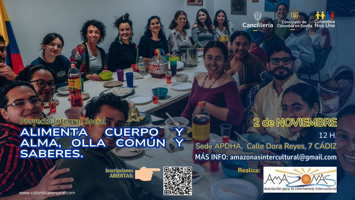 Octavo encuentro proyecto "Olla común y saberes" para nuestra colombianidad migrante este 2 de noviembre en la sede de la APDHA Calle Dora Reyes 7 Cádiz. Inscripciones: forms.gle/Ws5GFLEAhbxVgD… <a href="/ColombiaNosUne/">Colombia Nos Une</a>