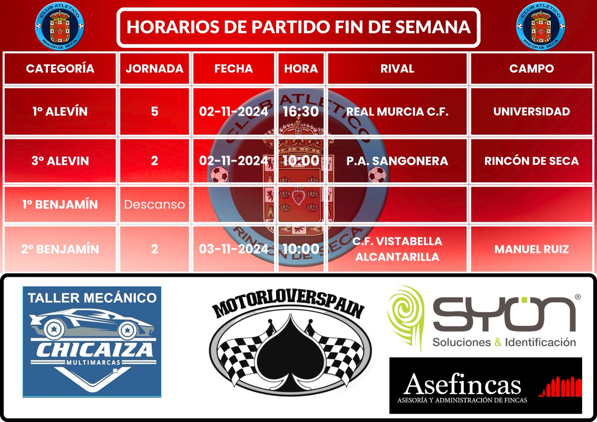 C_ATLRINCON's tweet photo. 📢 HORARIOS FIN DE SEMANA 📢 

Nueva oportunidad para nuestros equipos de poner en práctica lo entrenado durante la semana.

¡VAMOS, ATLÉTICO RINCÓN!

PATROCINADORES:
@motorloverspain 
@syonsoluciones 
@asefincas
@tallereschicaiza https://t.co/xbxaMGx0hI