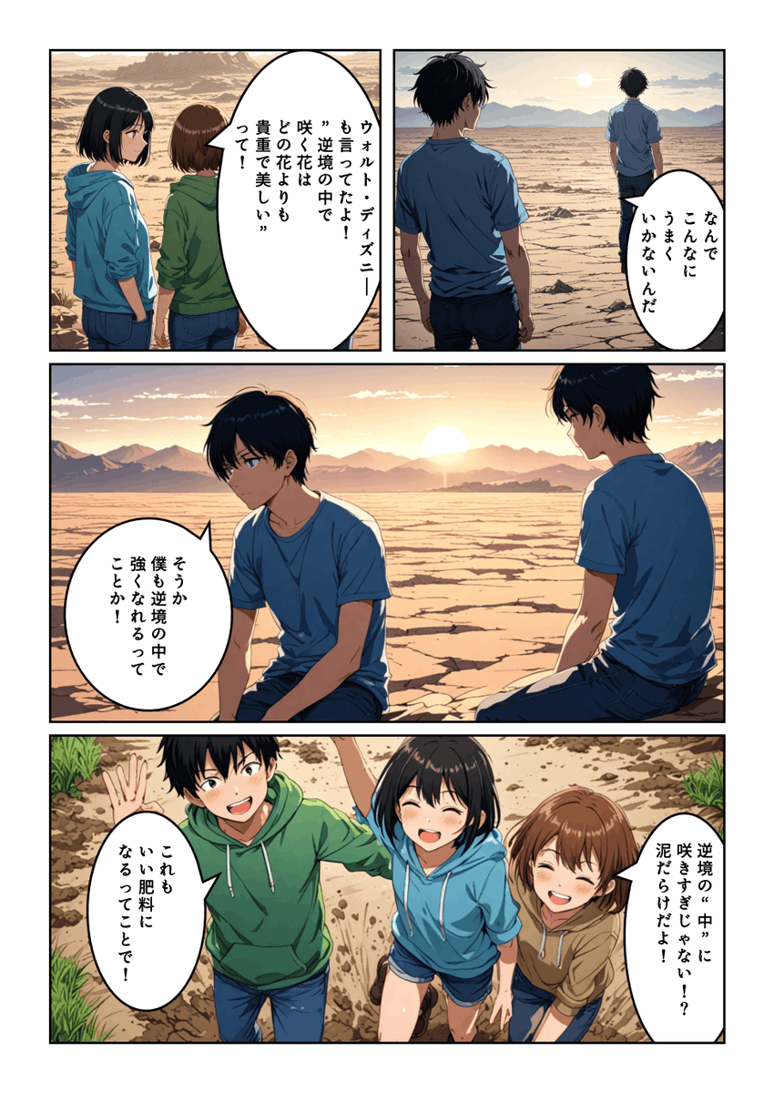 #漫画が読めるハッシュタグ 
#わどみちぽAIマンガスクール
#AIマンガ

【AIマンガ22話】

逆境の中で咲く花は、どの花よりも貴重で美しい。

ウォルト・ディズニーの言葉、心にひびいた？