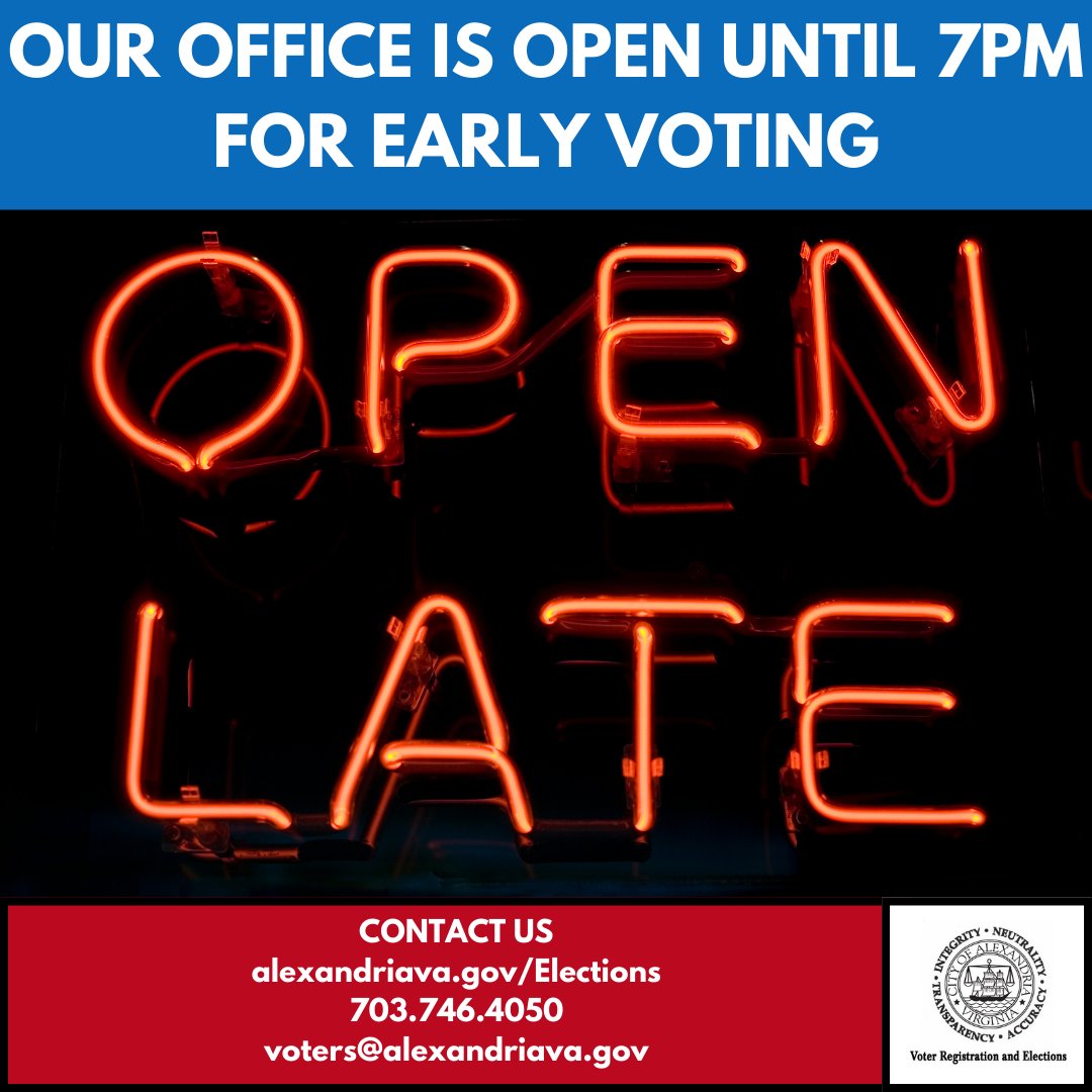 Our early voting sites at 132 N Royal Street and Beatley Central Library are open until 7pm tonight, October 31, 2024, as is our office. For a full schedule of early voting hours and sites, visit our website: alexandriava.gov/Elections