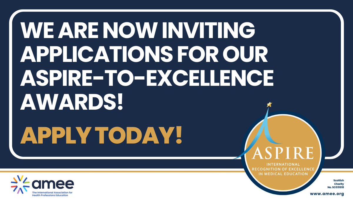 AMEE_community's tweet photo. π Our ASPIRE-to-Excellence Award Submissions are now open π
Going beyond traditional accreditation, our prestigious ASPIRE award programme recognises world-class excellence in health professions education. π
πhttps://t.co/GwPvH4kYi2
#ASPIREAwards #MedicalEducation https://t.co/NjefDbQZ7Z