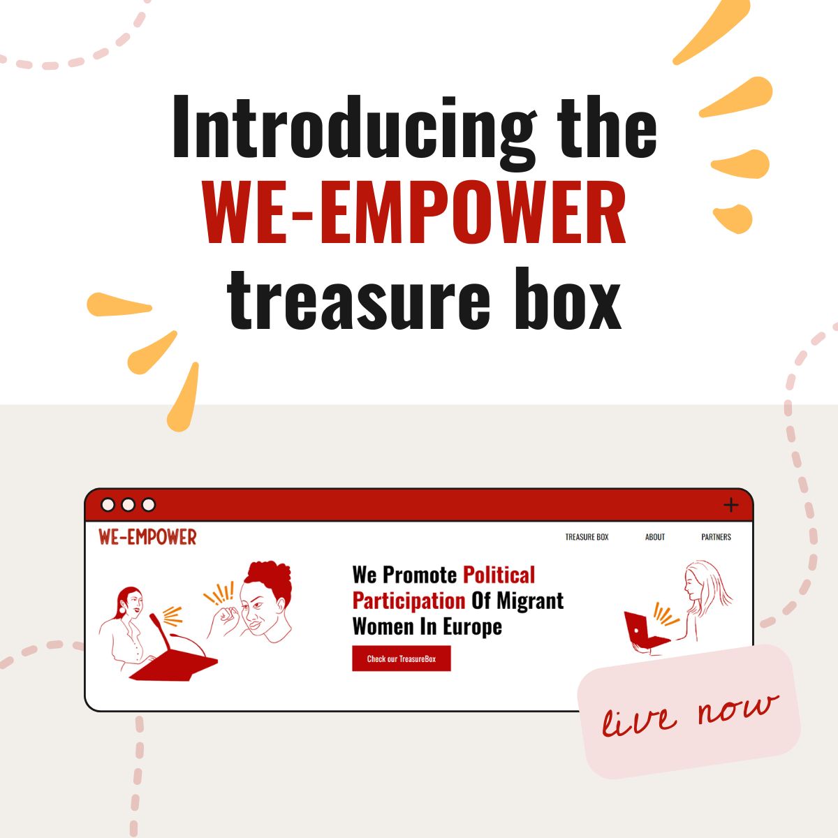 FeministWIDE's tweet photo. 🚀 LAUNCHING the #WEempower #TreasureBox! 🌟 A curated online collection to empower migrant women across Europe in political and democratic life! ✨

Packed with informal educational materials, including:
🎧 Podcasts
🎥 Videos
📚 Action guides
🎨 Artivism tools

…And more! 

🧵 https://t.co/n8KNBfnU79