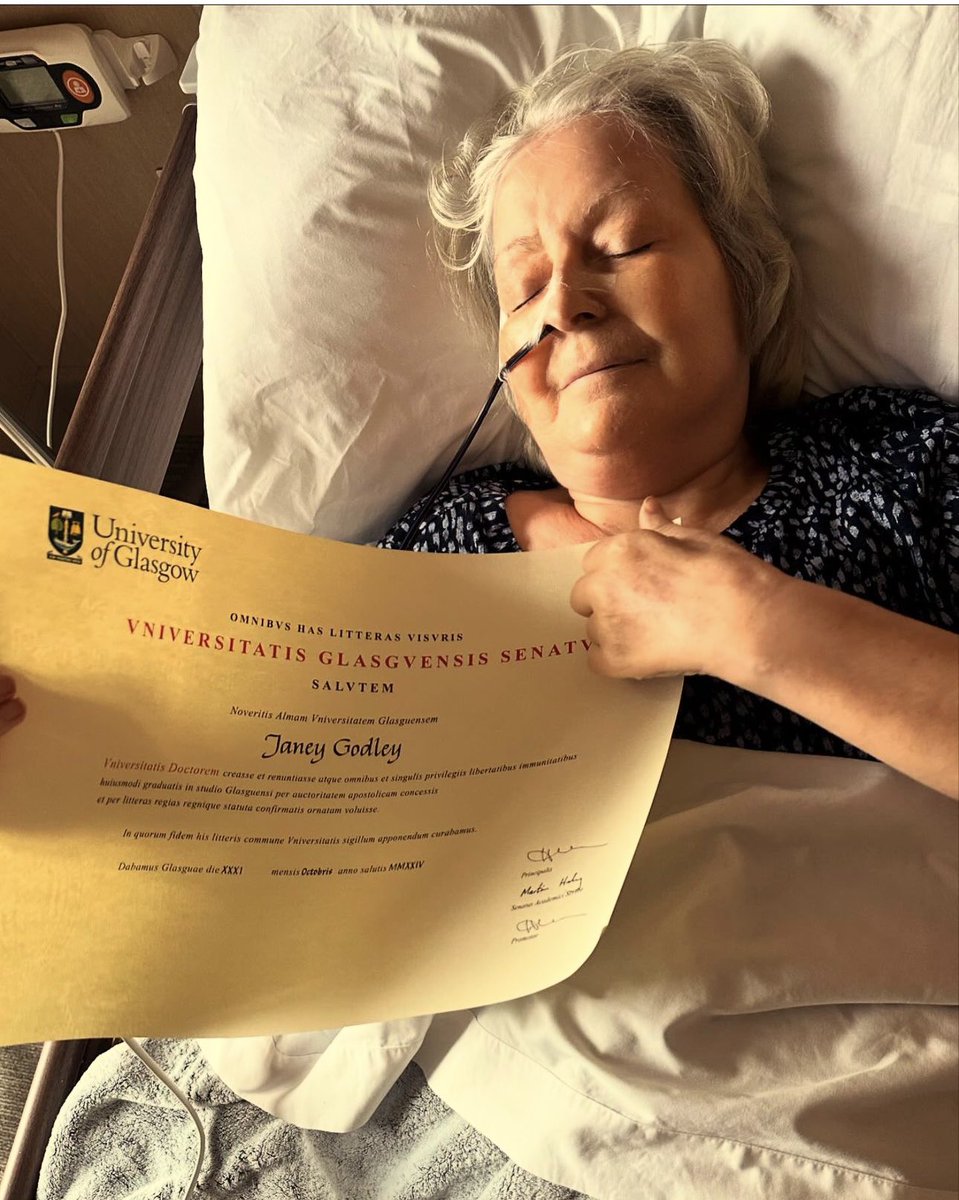 Janey Godley (@janeygodley) on Twitter photo Thank you <a href="/UofGlasgow/">University of Glasgow</a> for bestowing upon my mum the honorary degree of doctor of the University of Glasgow. This has brought her so much joy in the final beats of her life. Janey is so honoured, and I am so immensely proud of her. Congratulations Doctor Godley.
Ashley Storrie Thank you <a href="/UofGlasgow/">University of Glasgow</a> for bestowing upon my mum the honorary degree of doctor of the University of Glasgow. This has brought her so much joy in the final beats of her life. Janey is so honoured, and I am so immensely proud of her. Congratulations Doctor Godley.
Ashley Storrie