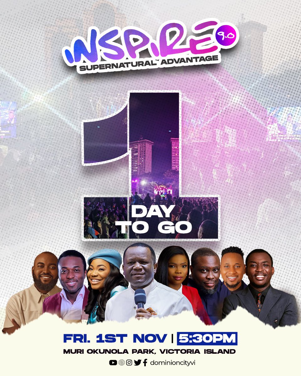 Dominioncityvi's tweet photo. “God is spirit, and those who worship Him must worship in spirit and truth.”-John 4:24.

#Inspire9 is tomorrow,come let’s encounter God’s presence as we sing and #worship Him in one voice.
📆 :1st Nov
⏰ :5:30pm 
📍 Muri Okunola Park,Vi Lagos . 

#DominionCity
#Pastordavidogbueli https://t.co/NqOAKmOBeR