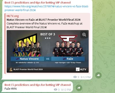 First 2 predictions for today it's over and we win it! Don't forget today is last day if you subscribe for our telegram channel you will have 1 month for FREE. 
FaZe > Na`Vi - 2.48 odds 
Astralis > Mouz - 2.60 odds 
For more infromation 
DM me here
Telegram - spyleader 1