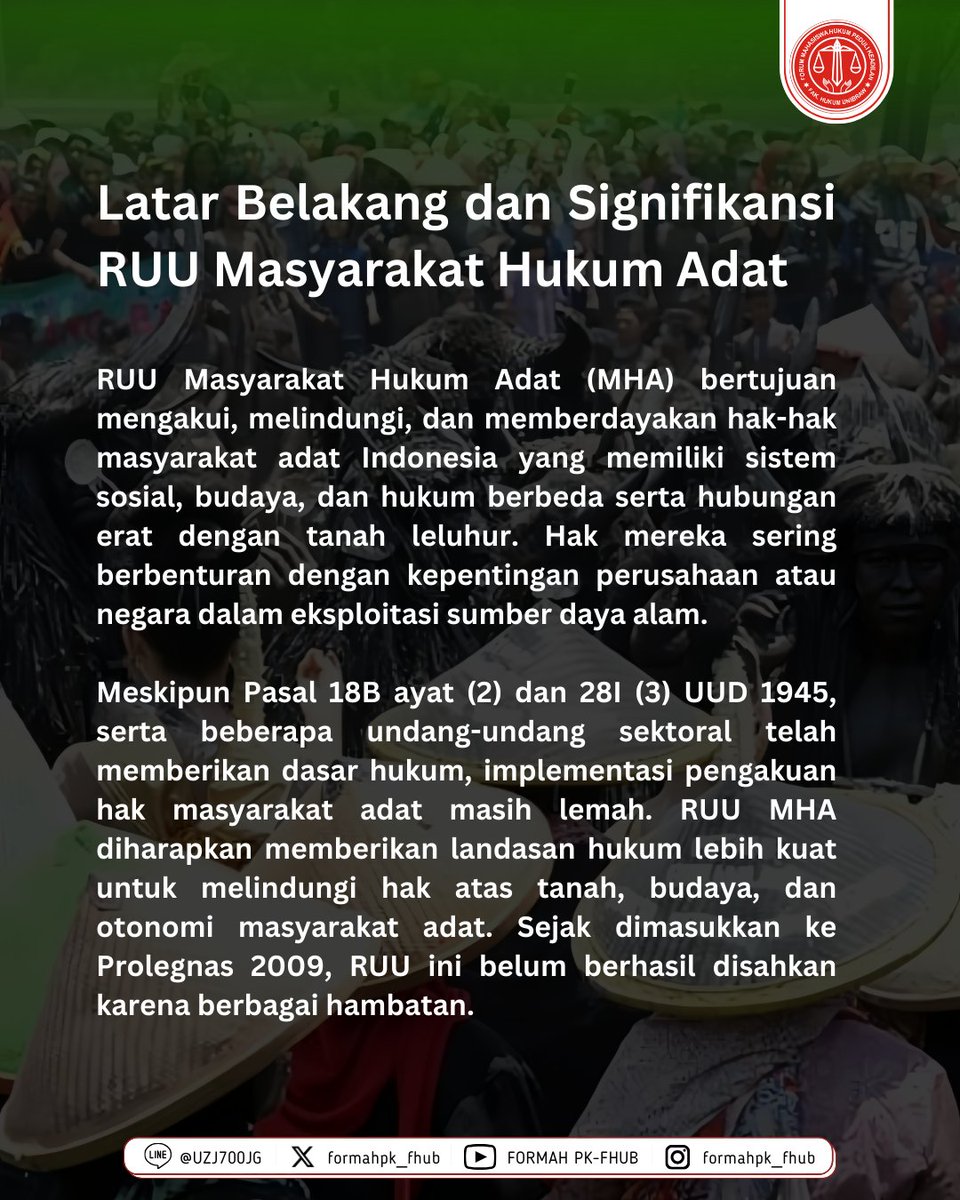 FORMAHPK_FHUB's tweet photo. RUU Masyarakat Adat merupakan rancangan undang-undang yang telah diusung sejak tahun 2003, dan dirumuskan naskah akademiknya pada tahun 2010. Jadi, bagaimana nasib Masyarakat Hukum Adat 14 tahun tanpa kejelasan??

#masyarakathukumadat #ham #FORMAHPK #FHUB #UniversitasBrawijaya https://t.co/Zi02br4zMU