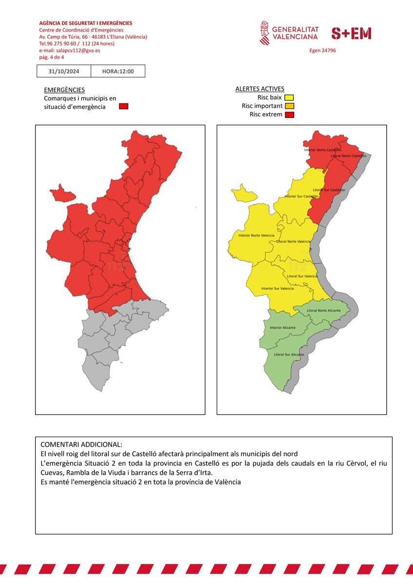 GVA112's tweet image. (12 h) Actualización #Dana:
🌧️⛈️El Centro de Coordinación de Emergencias informa:

🚨Se activa la Emergencia Situación 2 por inundaciones en toda la provincia de Castellón y se mantiene también en Valencia.

El resto de los avisos se mantienen:👇

🔴Alerta por lluvias nivel rojo…
