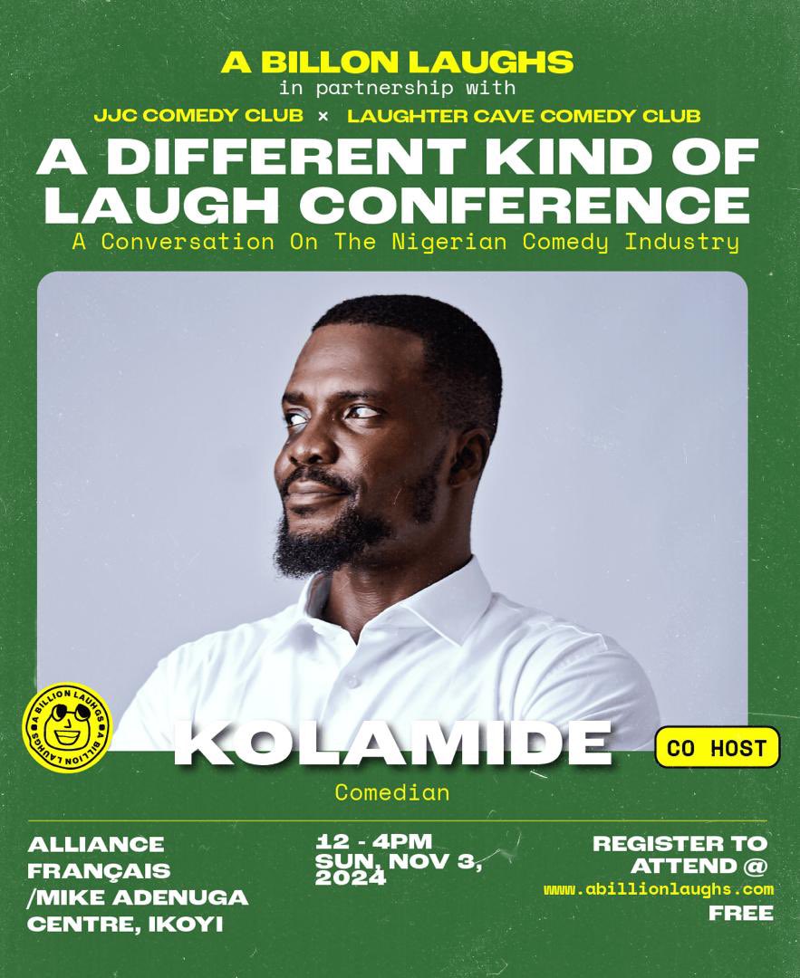 Kolamide's tweet photo. I’d be co hosting the “A Different Kind of Laugh” conference.
We’d be discussing growth opportunities and equipping diverse players in the evolving Nigerian comedy scene.
Sign up and register with link on @abillionlaughs bio.

#ComicRockstar https://t.co/NYDs3OKHFM