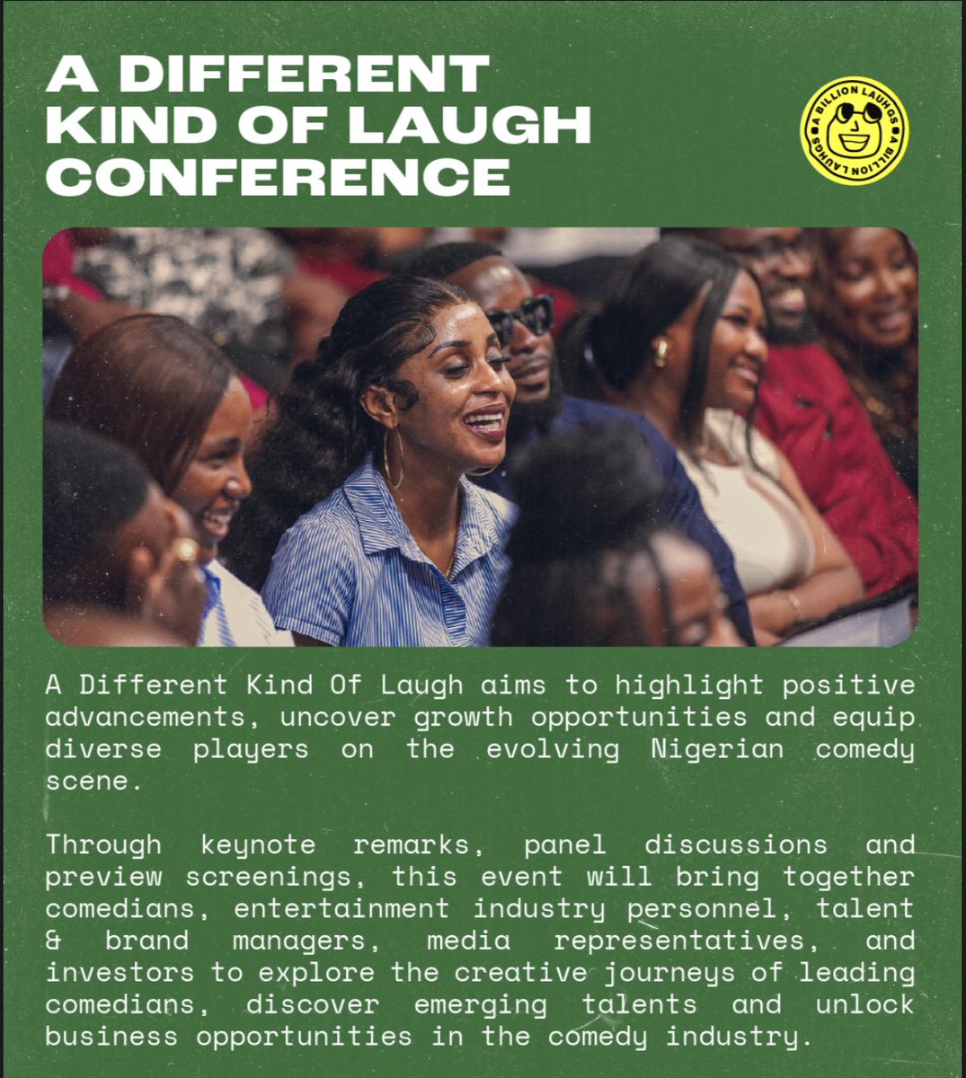 Kolamide's tweet photo. I’d be co hosting the “A Different Kind of Laugh” conference.
We’d be discussing growth opportunities and equipping diverse players in the evolving Nigerian comedy scene.
Sign up and register with link on @abillionlaughs bio.

#ComicRockstar https://t.co/NYDs3OKHFM