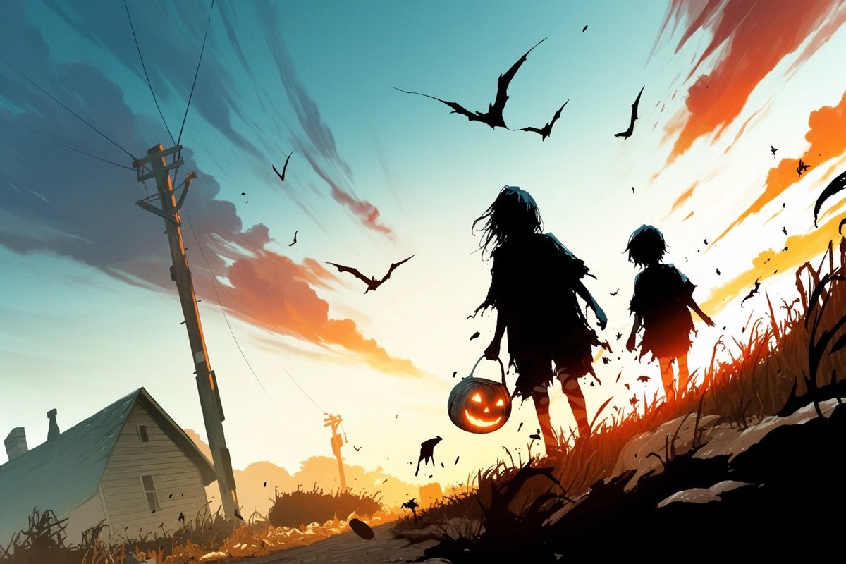 I love Halloween 👻 just imagine: 

Dark silhouettes against a burning sky, jack-o'-lantern swinging between them as they approach the abandoned farmhouse. 

The Salem witch in me knows: not all trick-or-treaters are here for candy. 🎃#halloween2024 #SpookySeason #HauntedHouse