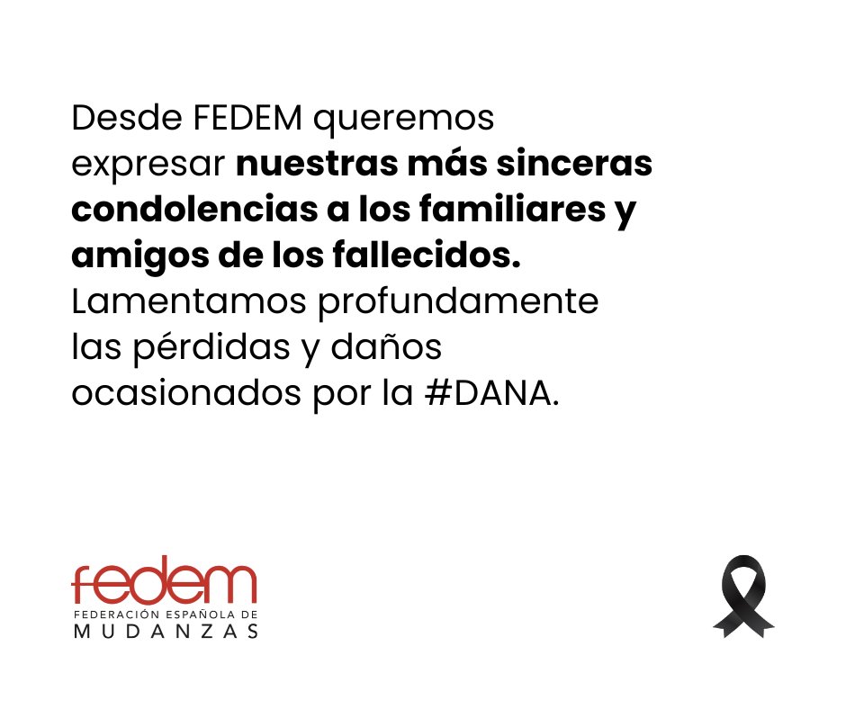 Fedemudanzas's tweet photo. Desde FEDEM, acompañamos de corazón a quienes han perdido a sus seres queridos y lamentamos profundamente los daños que ha dejado la #DANA. https://t.co/iFoY7d4G4k