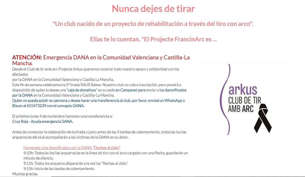 Projecte Arkus (@projectearkus) on Twitter photo El club de tir amb arc Projecte Arkus muestra su apoyo a los damnificados por la #DANA de la @comunidadvalenciana.es y <a href="/cmm_es/">Castilla-La Mancha Media</a> .
Modifcamos la circular de la 2ª tirada RAUS en homenaje a las víctimas de la #inundacion El club de tir amb arc Projecte Arkus muestra su apoyo a los damnificados por la #DANA de la @comunidadvalenciana.es y <a href="/cmm_es/">Castilla-La Mancha Media</a> .
Modifcamos la circular de la 2ª tirada RAUS en homenaje a las víctimas de la #inundacion