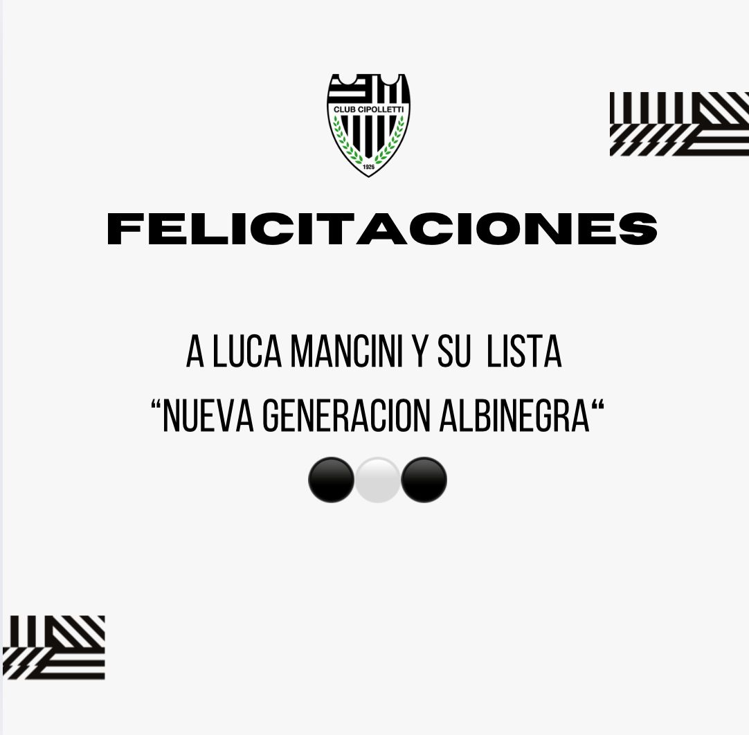 ✅️ El Club Cipolletti tiene nuevo Presidente.

Luca Mancini nuevo Presidente de la Institución. 

Lista "Nueva Generación Albinegra"