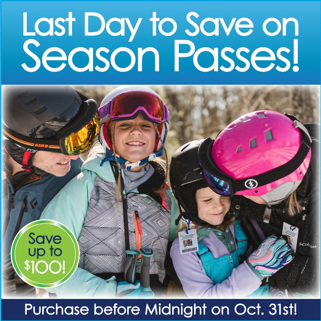 It’s the last day to take advantage of our Season Pass deal before is expires! Buy now and save up to $100 off each 2024-2025 Season Pass. But you must purchase BEFORE midnight on Oct. 31st! Order online today at skisundown.com.