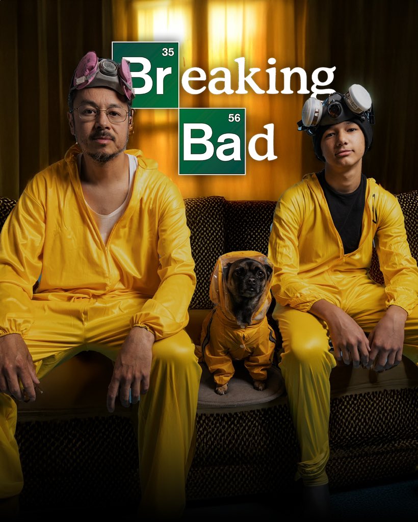 DropbearDigital's tweet image. Say my name… Happy Halloween from the ‘Breaking Bark’ crew! This year, we went full Heisenberg &amp;amp; Pinkman, with our dog Keiko stepping up as the ultimate furry sidekick in a tiny hazmat suit and hat. Chemistry never looked this cute! 💀👨‍🔬🐾