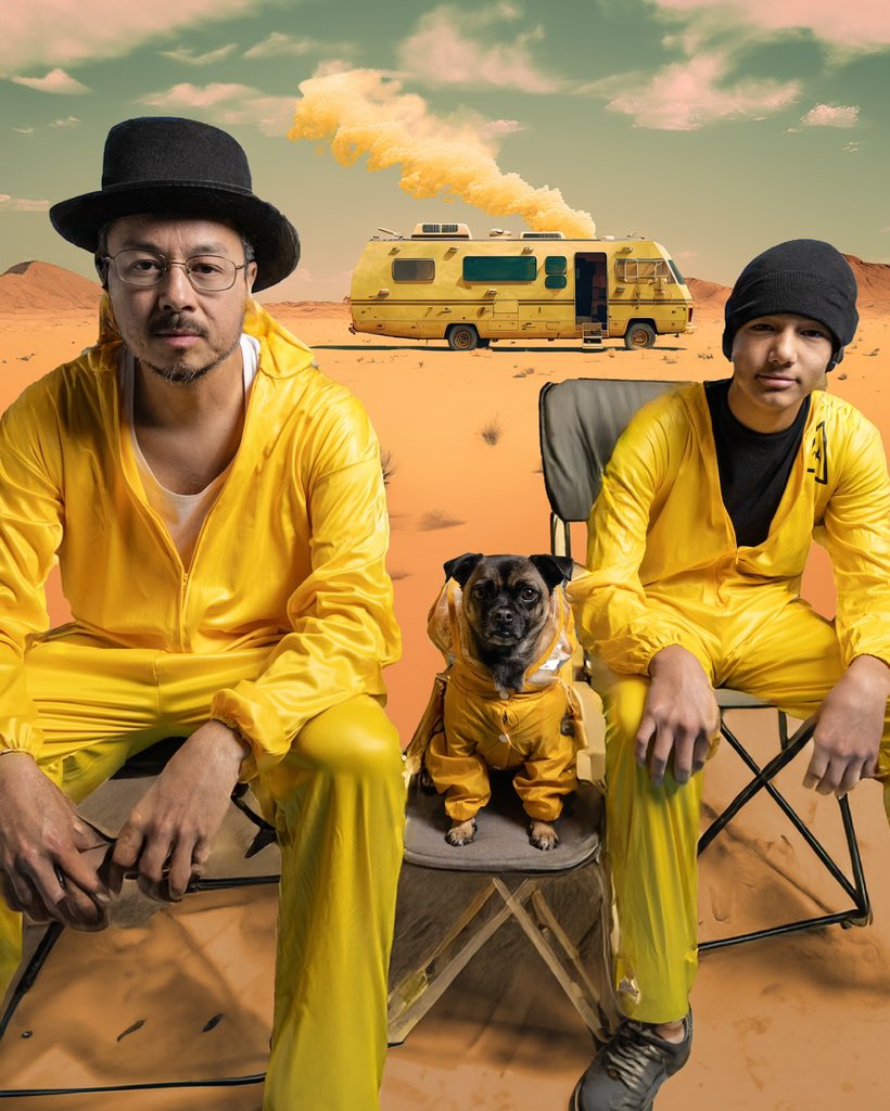 DropbearDigital's tweet image. Say my name… Happy Halloween from the ‘Breaking Bark’ crew! This year, we went full Heisenberg &amp;amp; Pinkman, with our dog Keiko stepping up as the ultimate furry sidekick in a tiny hazmat suit and hat. Chemistry never looked this cute! 💀👨‍🔬🐾