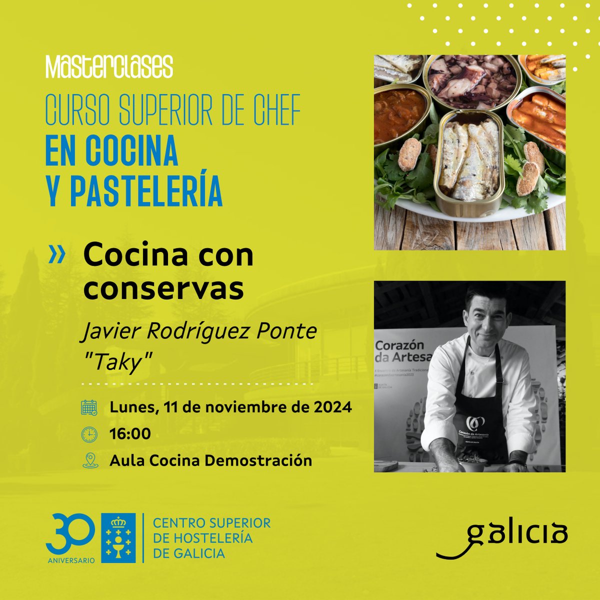 Javier Rodríguez Ponte, Taky, alumni e chef ejecutivo de <a href="/somosbokete/">Boketé</a>  y del <a href="/GrupoNoveCocina/">Grupo Nove</a>, impartirá una #masterclasscshg sobre el uso de la conserva en  la cocina al alumnado del Curso Chef y Gastronomía.
#experienciacshg