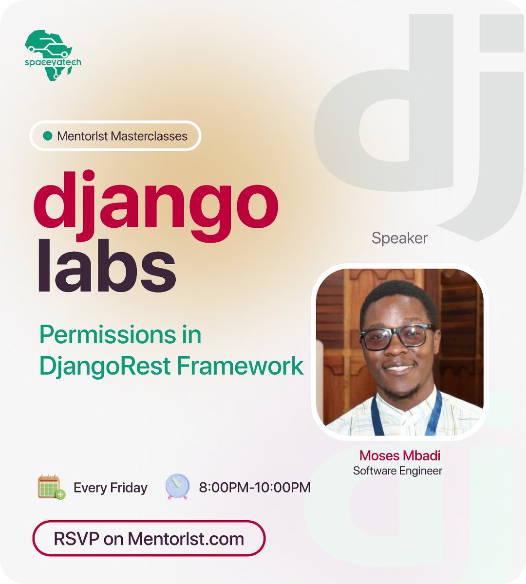 Hello Django nerds! 

Join us this Friday at 8 PM as <a href="/mosesmbadi/">Moses Mbadi</a> guides us through  Permissions in DRF.

We'll cover:
- Custom permissions 
- Built in permissions classes
- Authentication and authorization

Book your slot👇
mentorlst.com/group-details/…