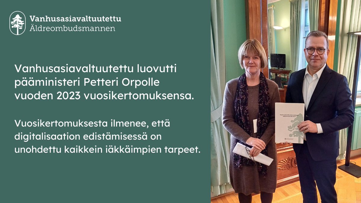 Vanhusasiavaltuutettu on luovuttanut tänään valtioneuvostolle vuoden 2023 vuosikertomuksensa.
Kertomuksessa korostuu erityisesti digitalisaation suuri vaikutus ikääntyneiden arkeen.

Tutustu julkaisuun: vanhusasia.fi/-/digitalisaat… 1/