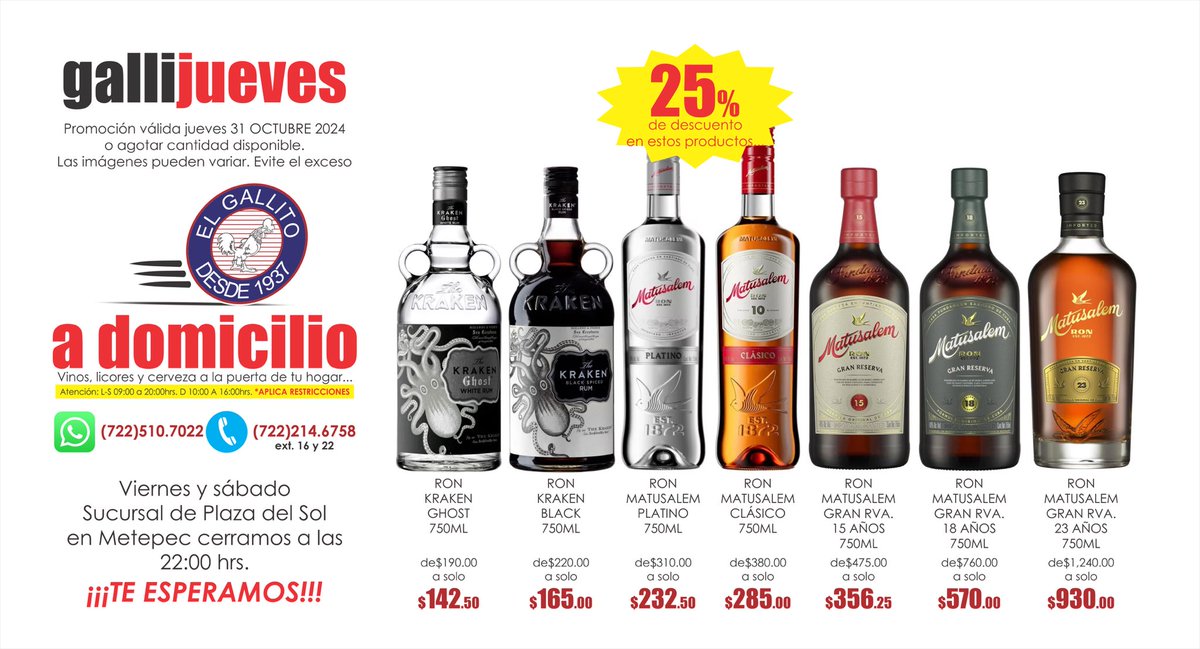 vinoselgallito's tweet photo. Gallijueves 🕺🏻

#gallijueves #ronmatusalem #thekrakenrum #ron #servicioadomicilio #amigallitos https://t.co/RUKBaKISkk