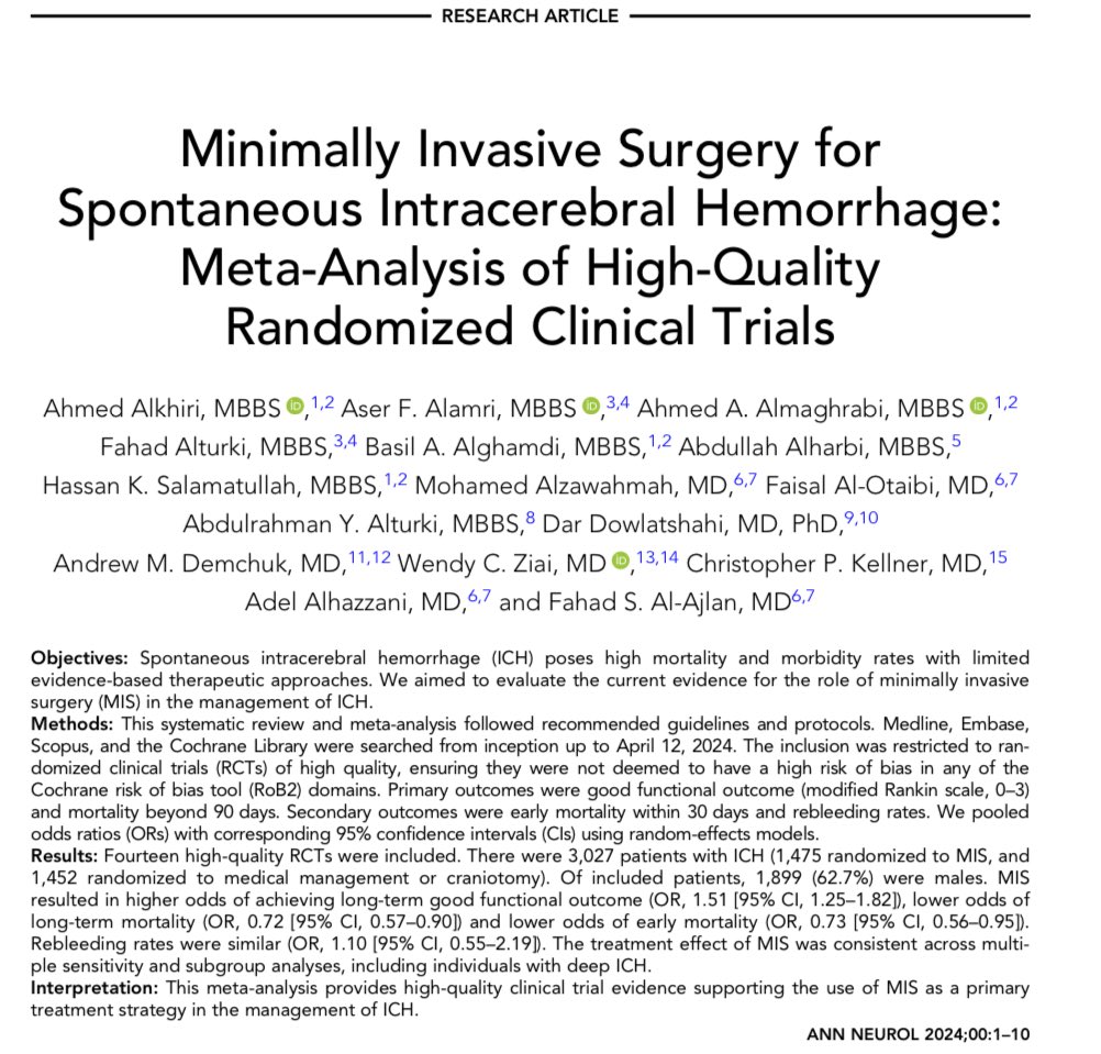 🤩 Hot off press! 

Our latest study, a meta-analysis of HIGH quality RCTs on minimally invasive surgery for ICH, reveals improvements in BOTH functional outcomes and mortality rates. 

✨Notably, in the subgroup analysis, MIS also demonstrated improved outcomes for deep ICH!!!