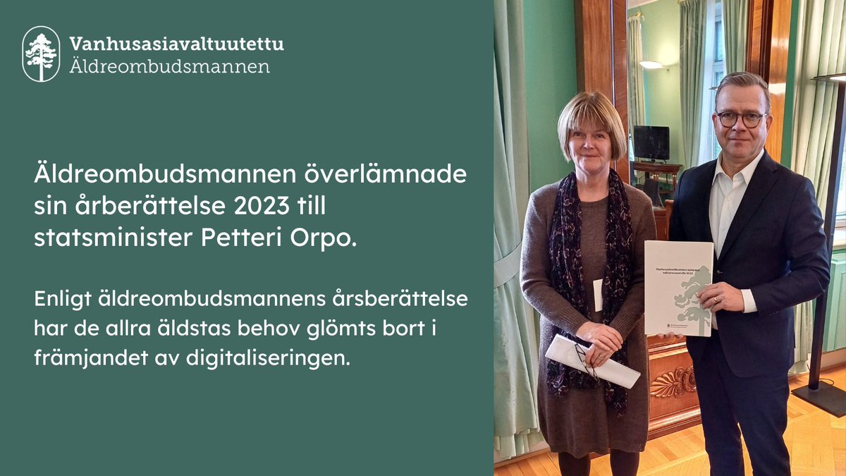 Äldreombudsmannen har idag överlämnat sin årsberättelse 2023 till statsrådet. Årsberättelsen lyfter särskilt fram digitaliseringens stora inverkan på äldre människors dagliga liv.

Se publikationen: vanhusasia.fi/sv/-/enligt-al… 1/