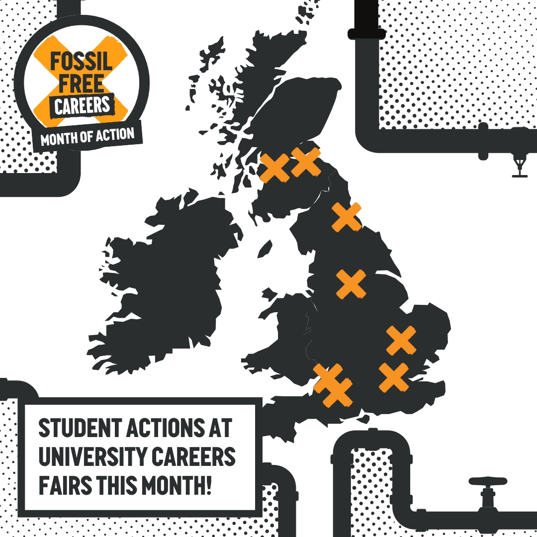 peopleandplanet's tweet image. ⚡ This was HUGE! ⚡

Massive shout out to all who took part in our #FossilFreeCareers Month of Action! You showed that students won&apos;t be silenced on this issue. ✊

Fossil fuel, mining and arms companies have no place advertising jobs on campus! ❌💼🏭