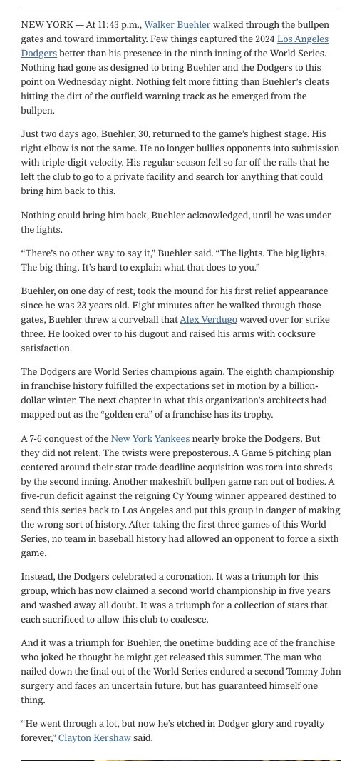 FabianArdaya's tweet image. On the night Walker Buehler etched himself into franchise lore forever, and how he epitomized the 2024 Los Angeles Dodgers.
“He went through a lot, but now he’s etched in Dodger glory and royalty forever."
The Dodgers are champions again.
nytimes.com/athletic/58876…