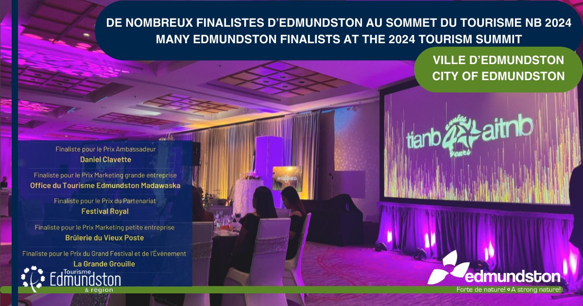 #Edmundston et l'OTEM - plusieurs de nos événements, résidents et entreprises sont en lice pour des Prix Touristiques de l’AITNB
---
#Edmundston and l'OTEM - several of our events, residents and businesses are in the running for NBTIA Tourism Awards
