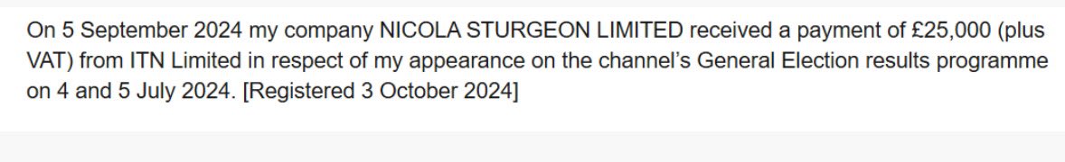 Nicola Sturgeon, a serving politician, pockets £25,000 plus £2803 hotel room for her election night appearance on ITV. 

SNP previously denied hypocrisy after it criticised Ruth Davidson for similar job years ago.