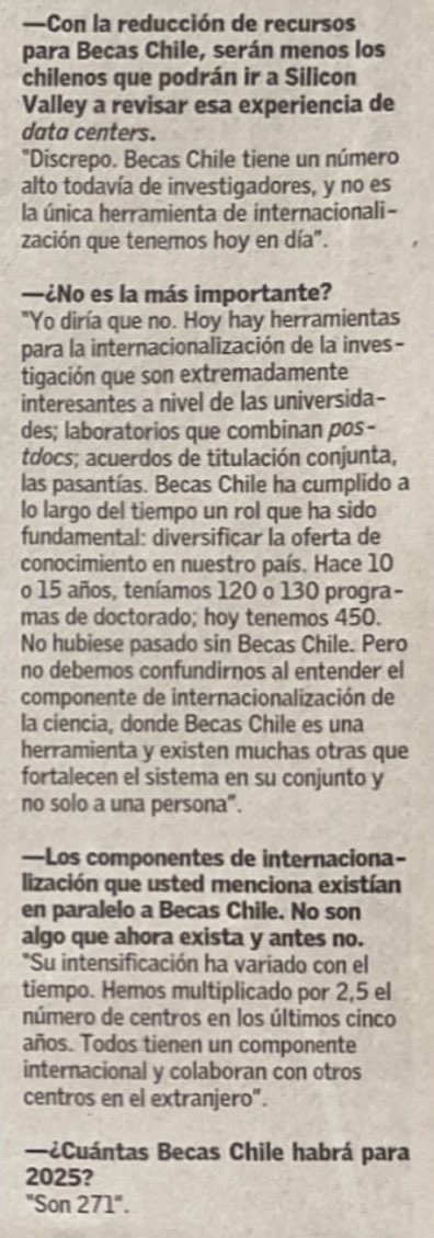 OM. (@omlazo) on Twitter photo El sábado, @ElMercurio_cl trajo una entrevista a la ministra <a href="/AisenEtcheverry/">Aisén Etcheverry Escudero</a>. Este pasaje es interesante, porque le preguntan si Becas Chile no es la herramienta más importante de internacionalización. La ministra se despacha un simple “Yo diría que no”, sin mayor explicación. El sábado, @ElMercurio_cl trajo una entrevista a la ministra <a href="/AisenEtcheverry/">Aisén Etcheverry Escudero</a>. Este pasaje es interesante, porque le preguntan si Becas Chile no es la herramienta más importante de internacionalización. La ministra se despacha un simple “Yo diría que no”, sin mayor explicación.