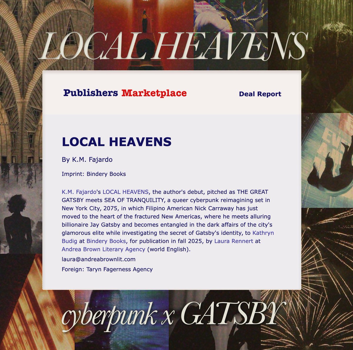 km_fajardo's tweet photo. 🎊 pm official! 🎊

LOCAL HEAVENS, my debut novel + queer cyberpunk Gatsby reimagining, will be out Fall 2025.

on capitalism, tech &amp; how it shapes our humanity—LH is my love letter to cyberpunk, to gatsby &amp; the american nightmare. my slowburn-yearning, sci-fi fever dream baby 🪐 https://t.co/Uwp9QK6NNE
