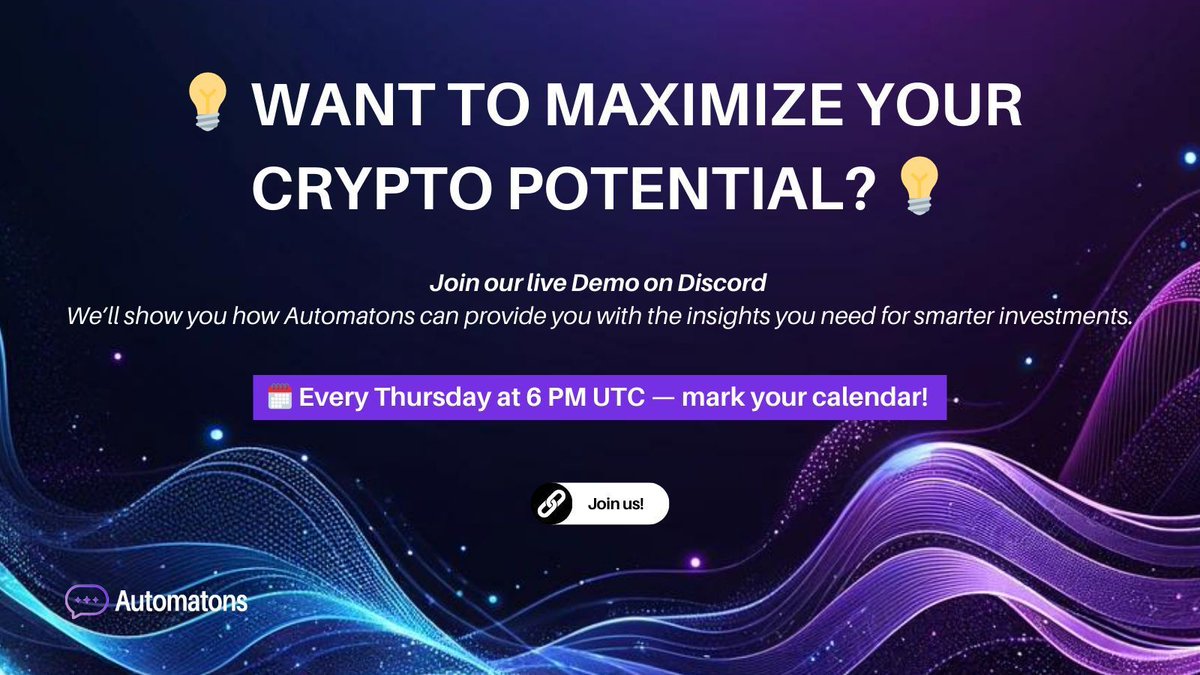 Join our Demo on Discord this Thursday! Dive deep into how Automatons can elevate your investment game and get your pressing questions answered. This is your moment—let’s make it count!

Automatons Demo on Discord Stage (discord.com/invite/automat…)

#CryptoPotential